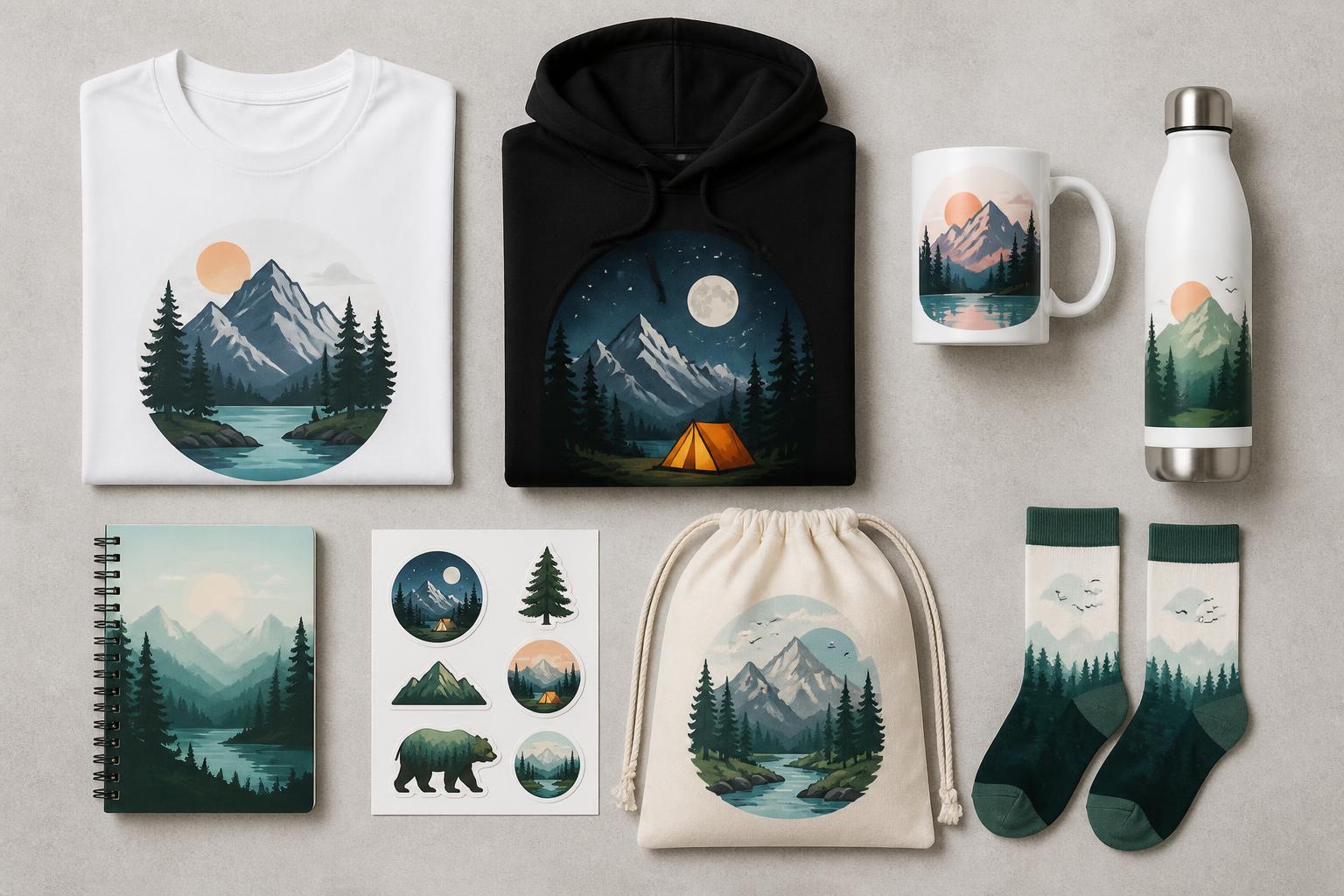 Flat-lay of print-on-demand custom products including tee, hoodie, mug, bottle, notebook, stickers and socks