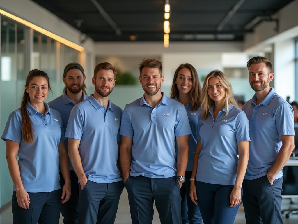 Corporate team wearing branded polo shirts